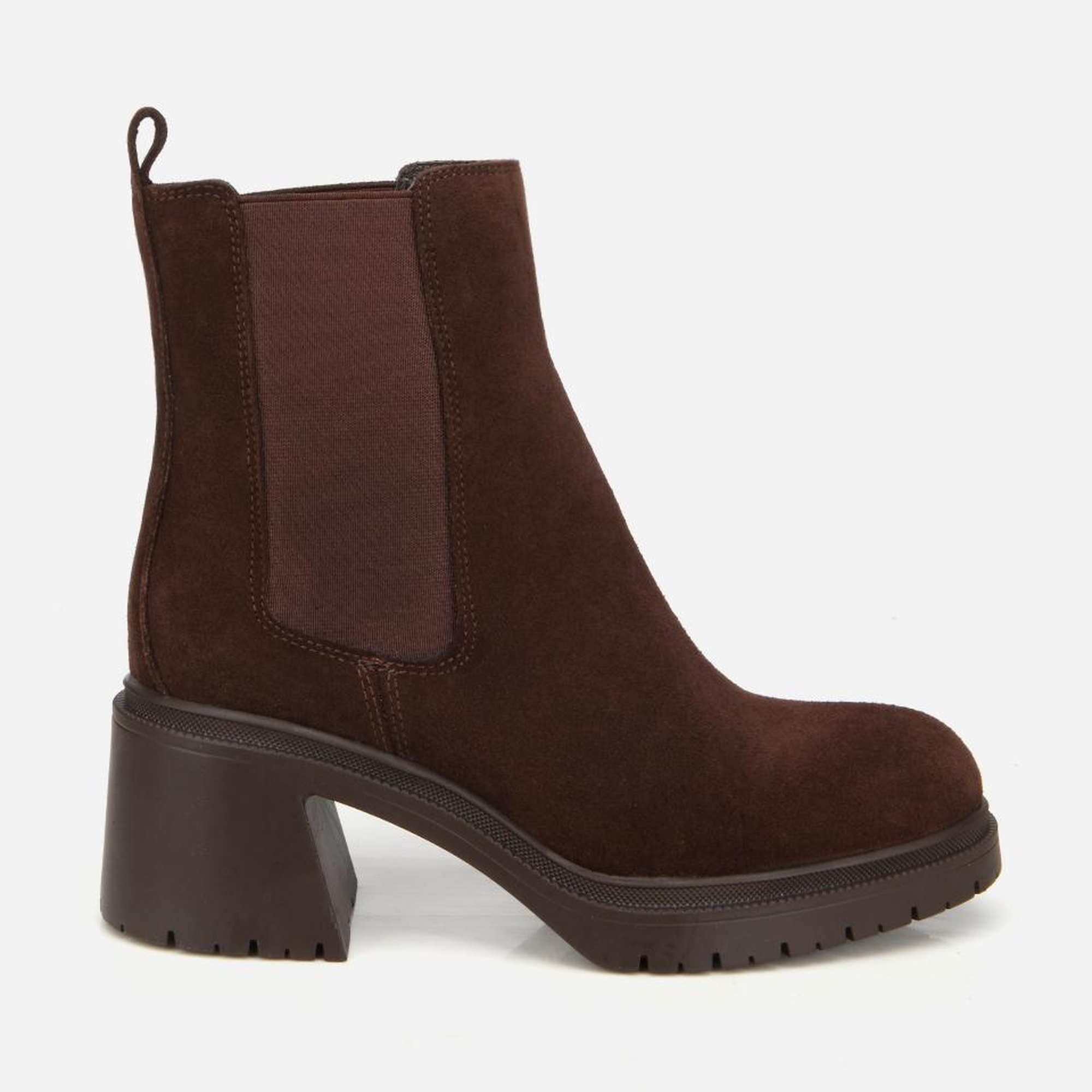 Kadın Süet Deri Kahverengi Lastik Detaylı Kalın Topuklu Bot