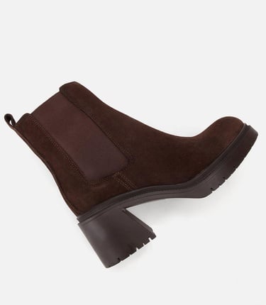  Kadın Süet Deri Kahverengi Lastik Detaylı Kalın Topuklu Bot