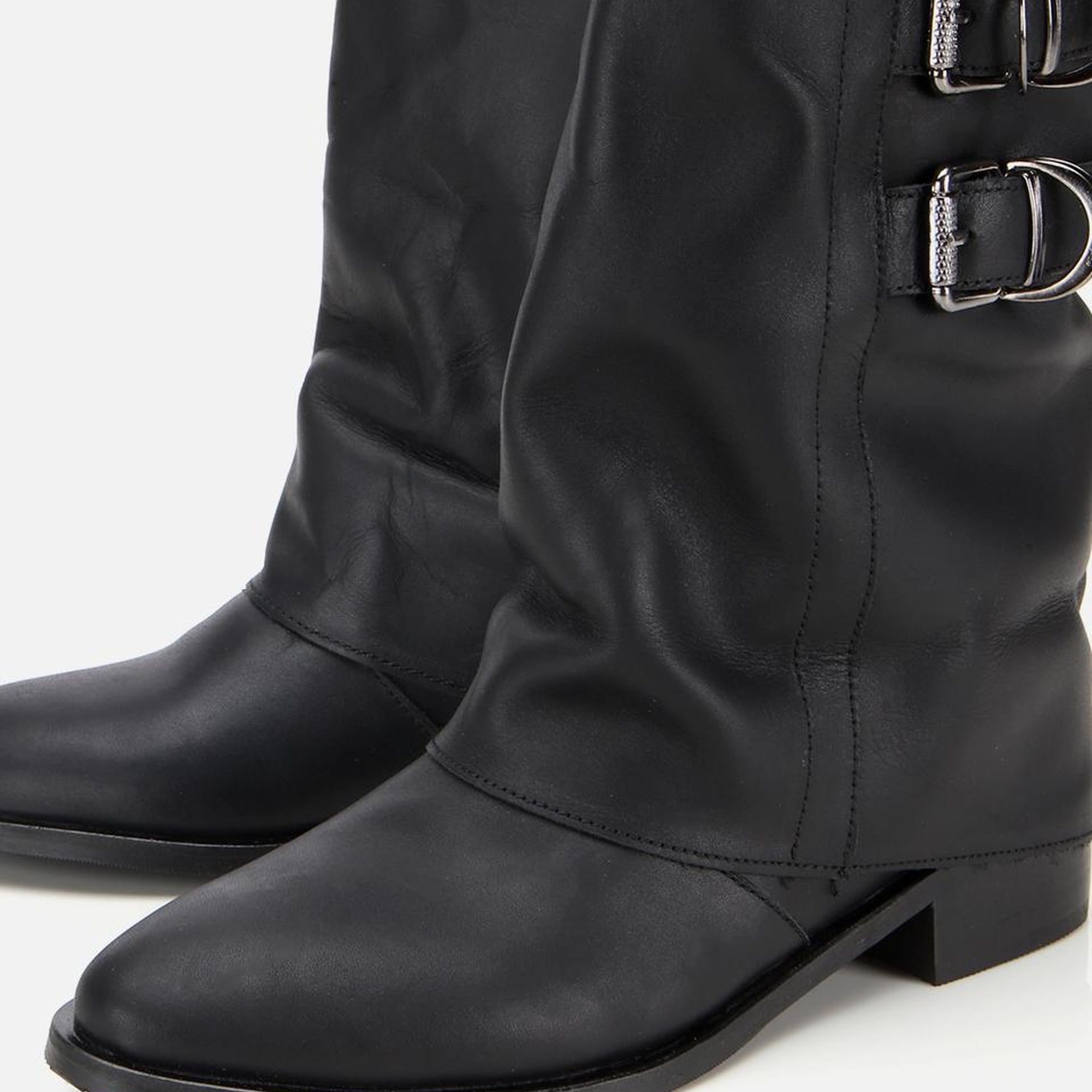 Kadın Deri Siyah Tokalı Kırışık Görünümlü Kovboy/Western Düz Bot