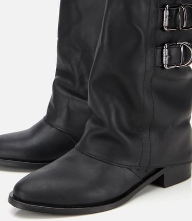  Kadın Deri Siyah Tokalı Kırışık Görünümlü Kovboy/Western Düz Bot