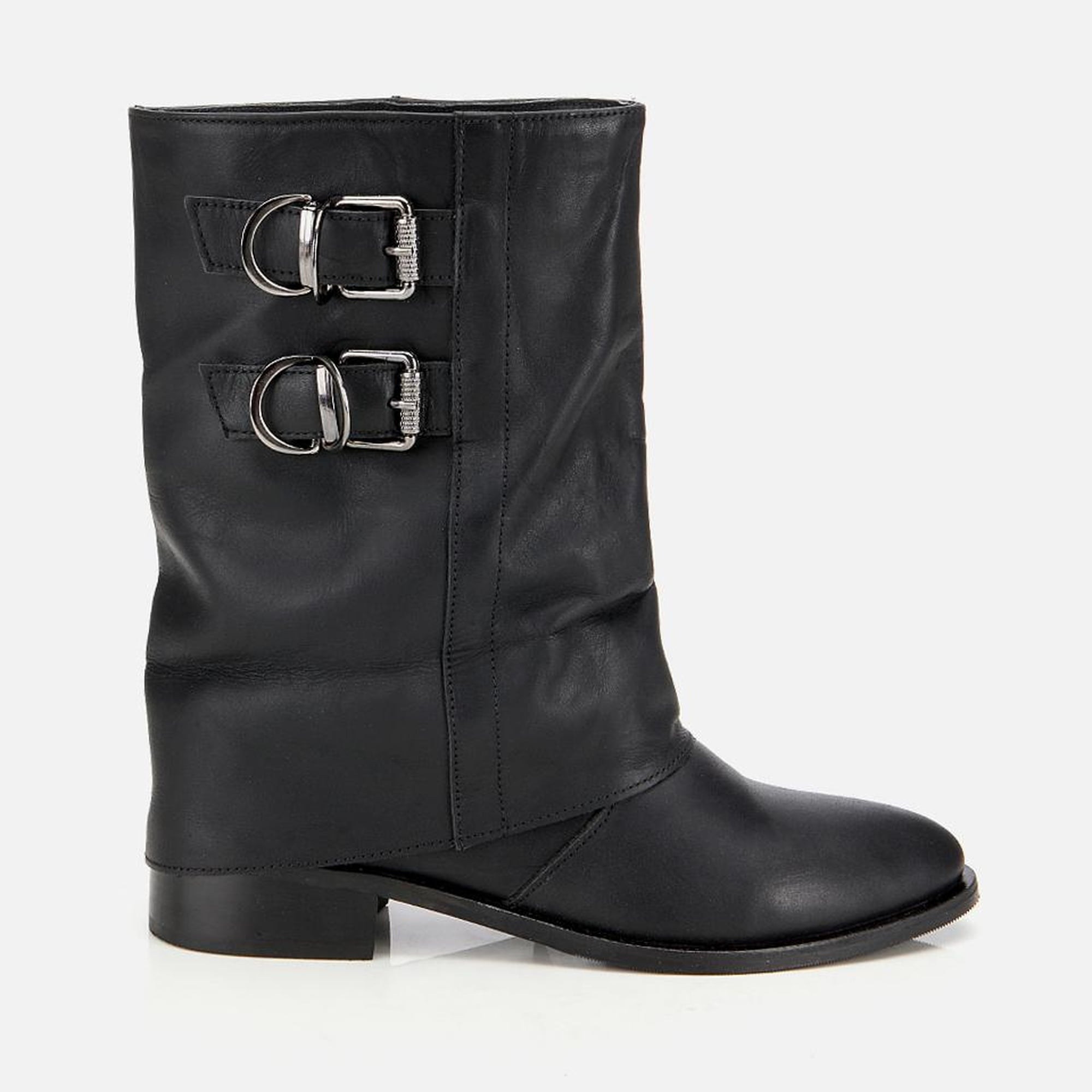 Kadın Deri Siyah Tokalı Kırışık Görünümlü Kovboy/Western Düz Bot