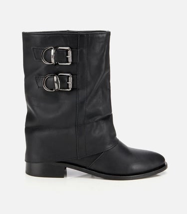  Kadın Deri Siyah Tokalı Kırışık Görünümlü Kovboy/Western Düz Bot