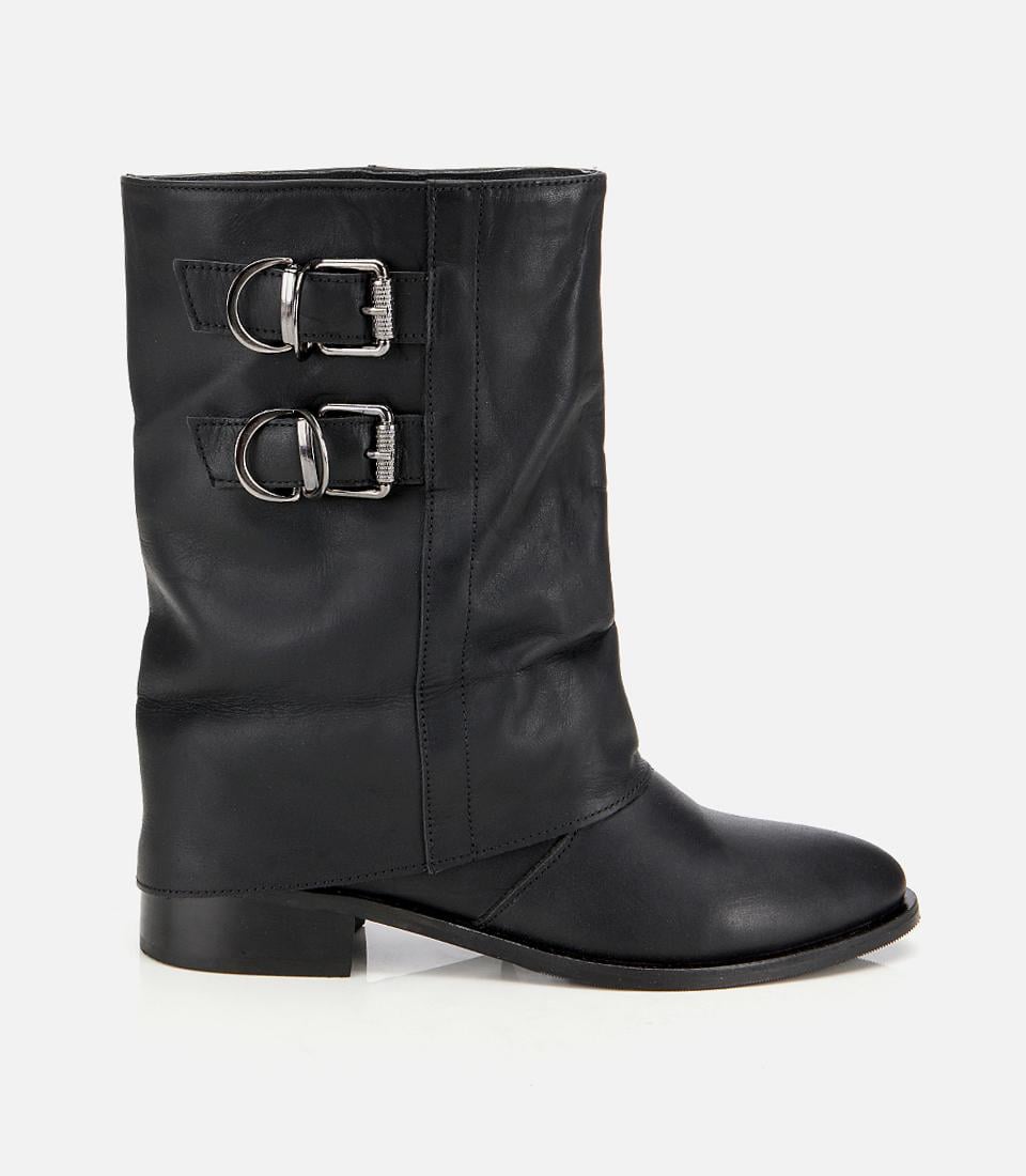  Kadın Deri Siyah Tokalı Kırışık Görünümlü Kovboy/Western Düz Bot