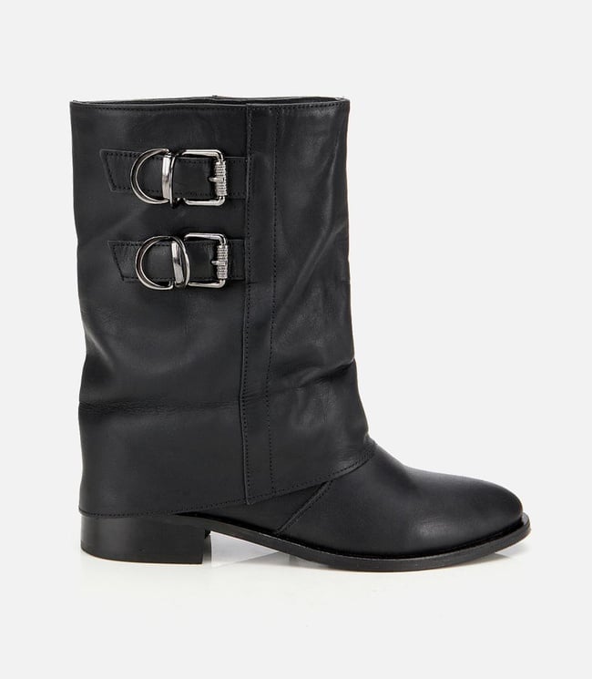  Kadın Deri Siyah Tokalı Kırışık Görünümlü Kovboy/Western Düz Bot