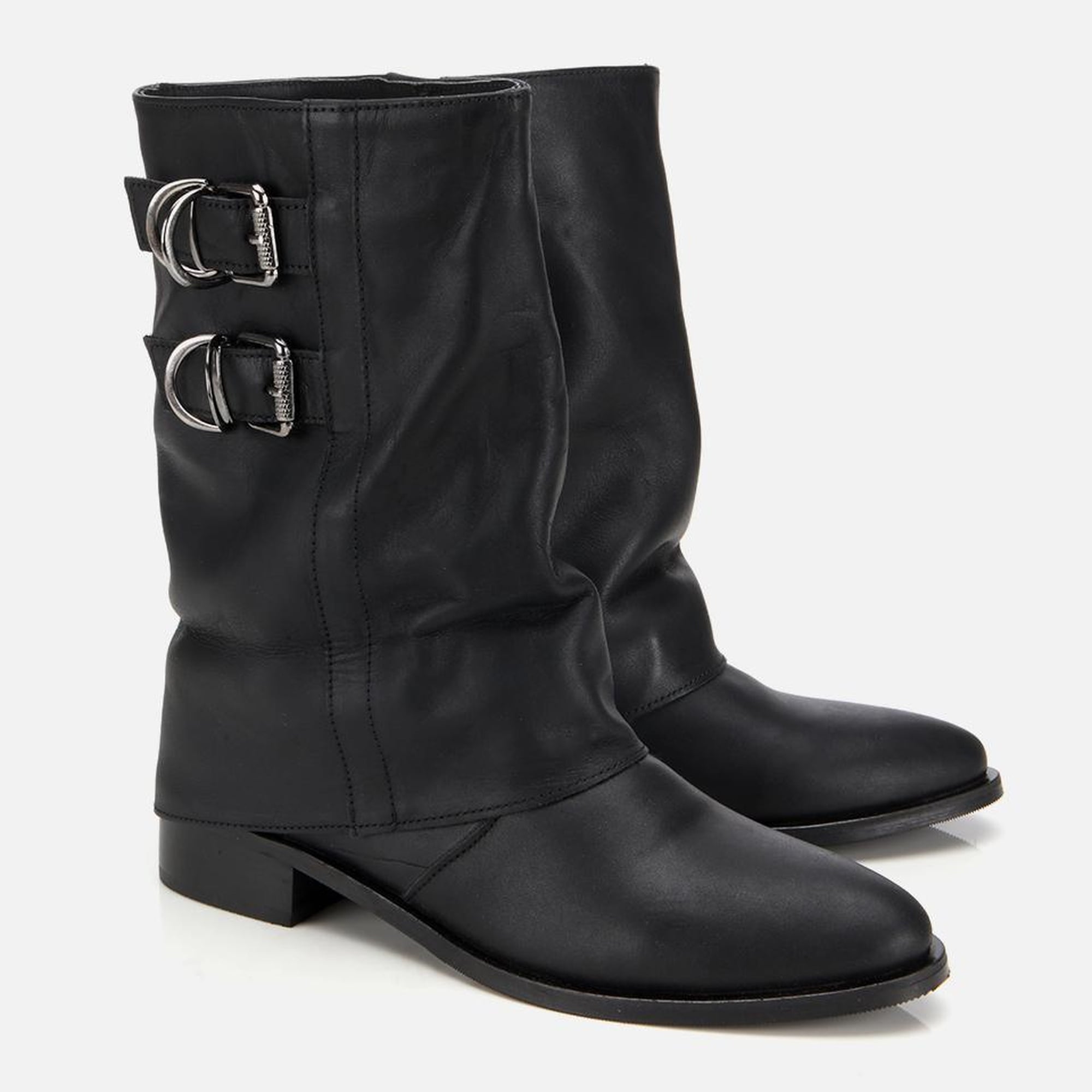 Kadın Deri Siyah Tokalı Kırışık Görünümlü Kovboy/Western Düz Bot