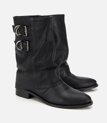  Kadın Deri Siyah Tokalı Kırışık Görünümlü Kovboy/Western Düz Bot