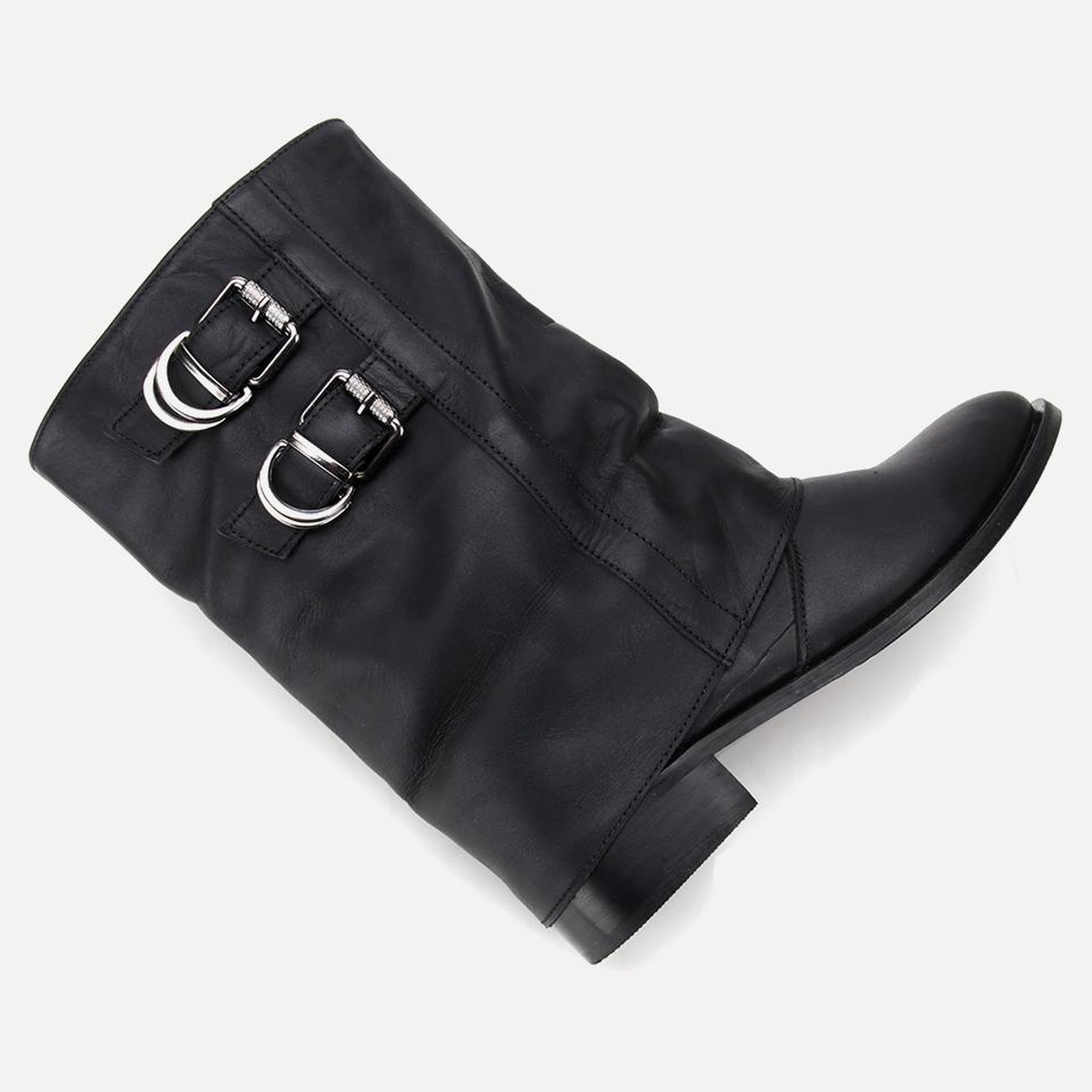 Kadın Deri Siyah Tokalı Kırışık Görünümlü Kovboy/Western Düz Bot