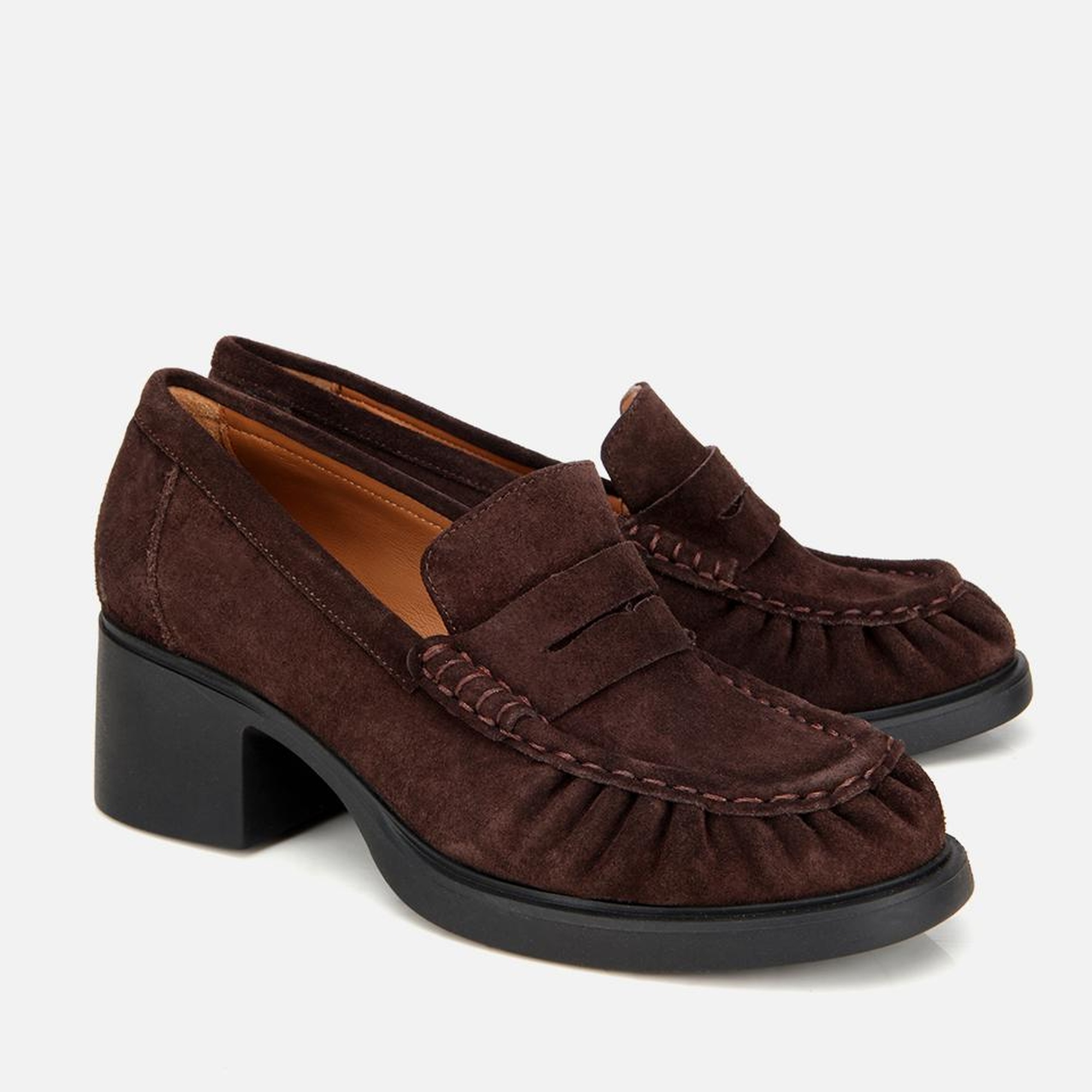 Kadın Süet Deri Kahverengi Kalın Topuklu Klasik Loafer