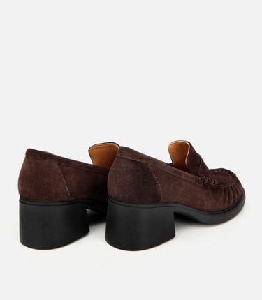  Kadın Süet Deri Kahverengi Kalın Topuklu Klasik Loafer