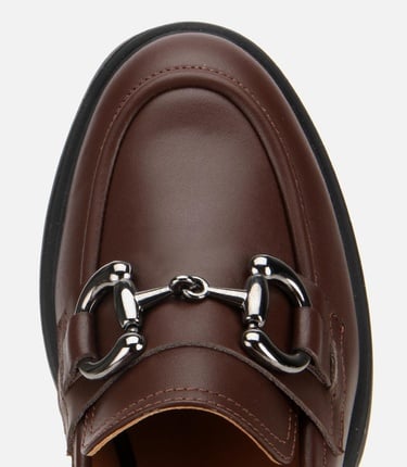  Kadın Deri Kahverengi Tokalı Yüksek Topuklu Klasik Loafer