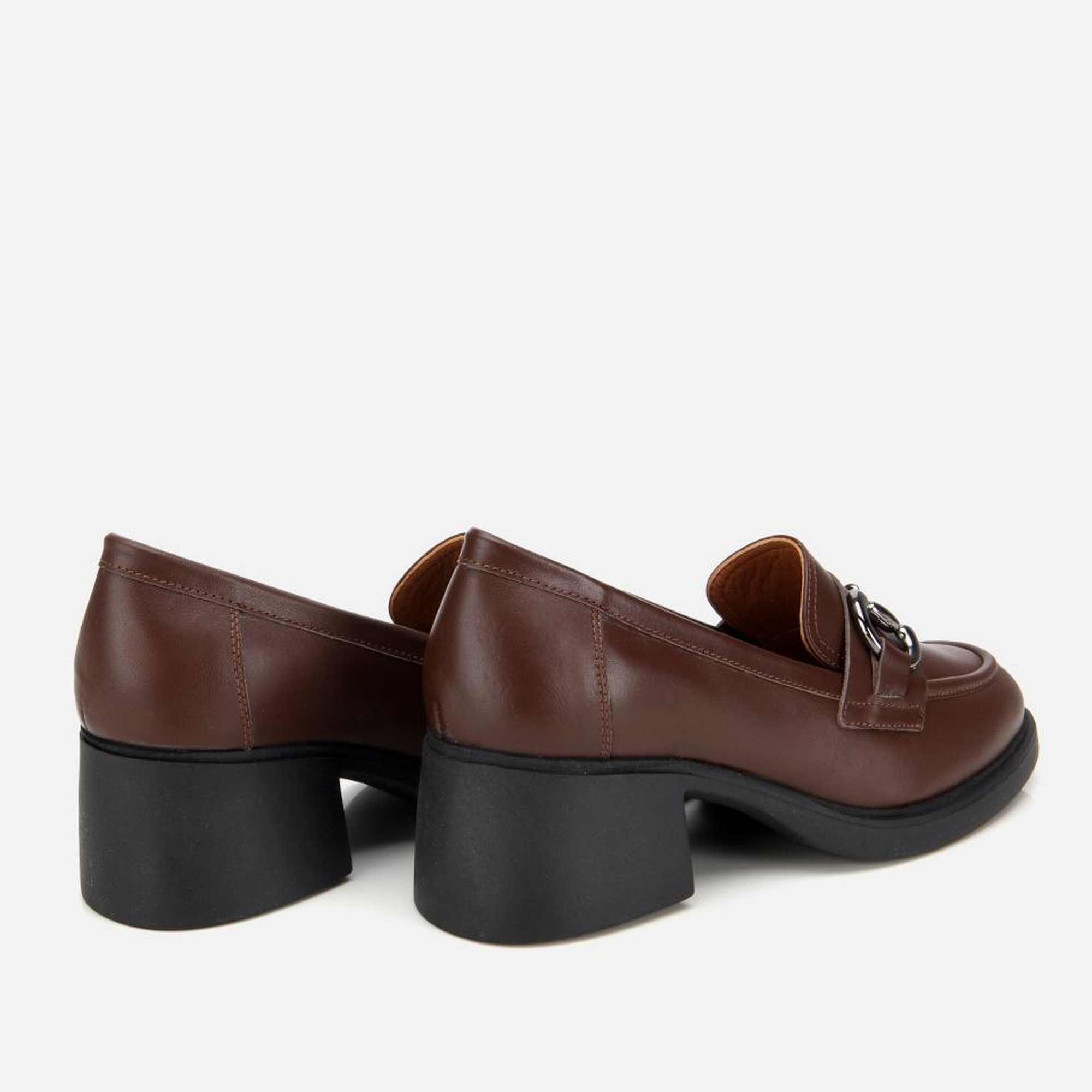 Kadın Deri Kahverengi Tokalı Yüksek Topuklu Klasik Loafer