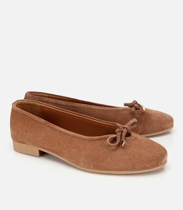  Kadın Süet Deri Taba Fiyonk Detaylı Babet