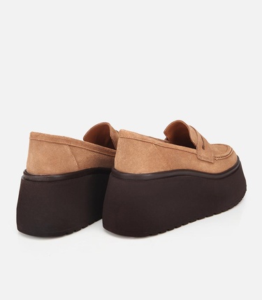  Kadın Süet Deri Taba Dolgu Topuklu Günlük Loafer