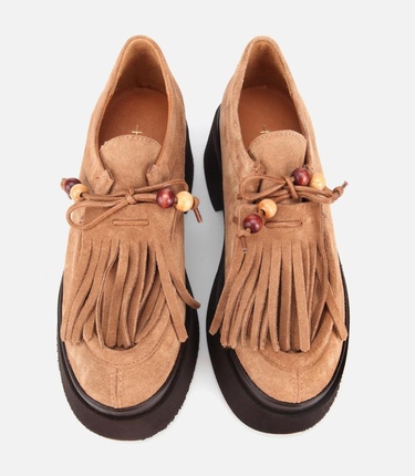  Kadın Süet Deri Taba Püskül Detaylı Kalın Tabanlı Günlük Loafer