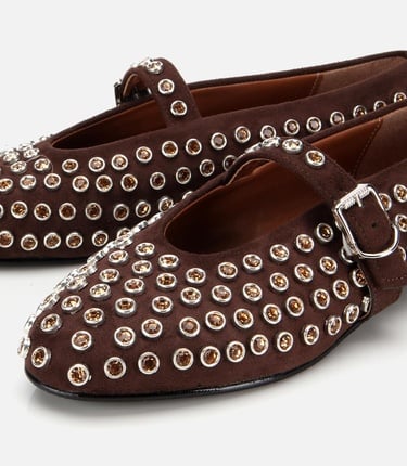  Kadın Süet Kahverengi Taşlı Babet