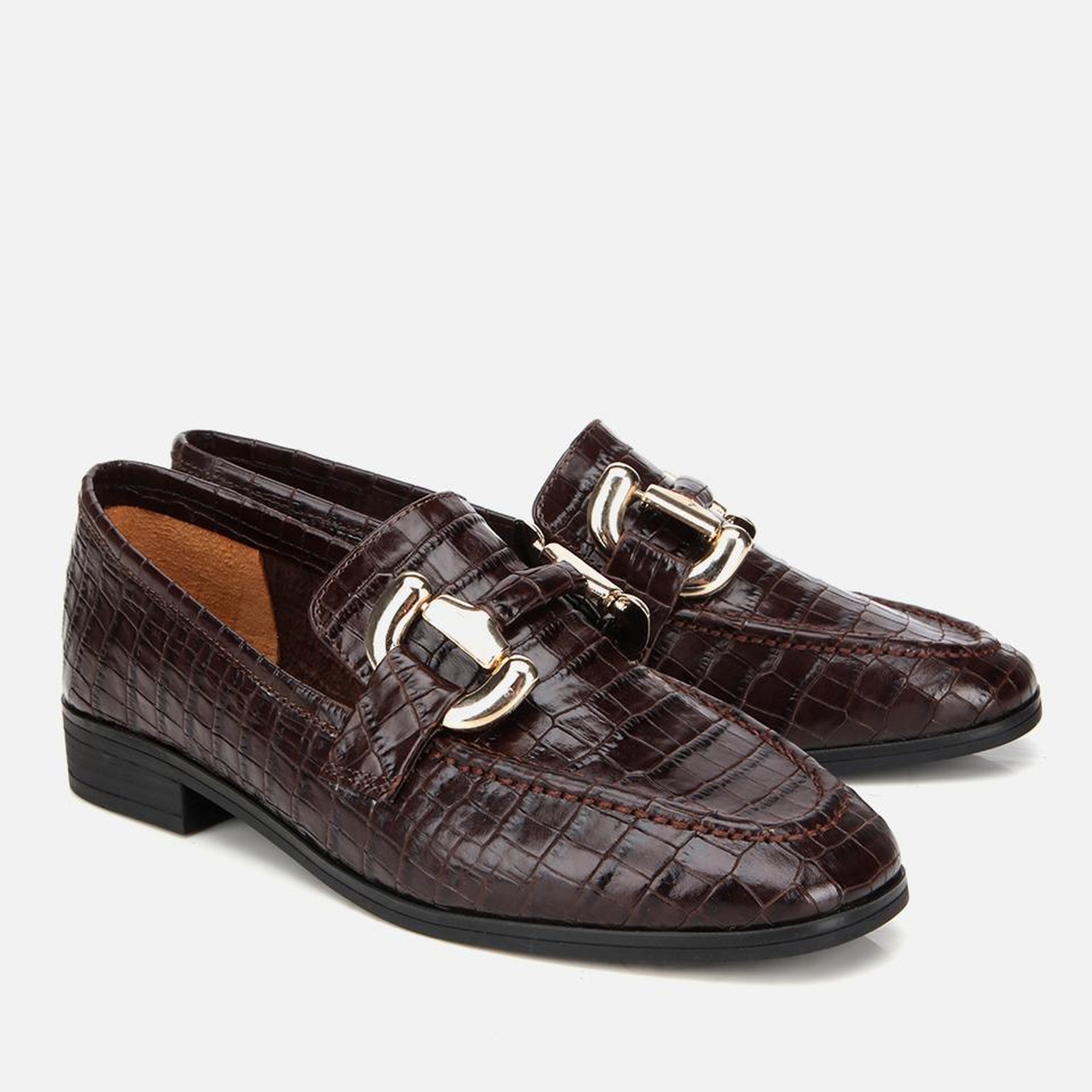 Kadın Deri Kahverengi Kroko Baskılı Klasik Loafer