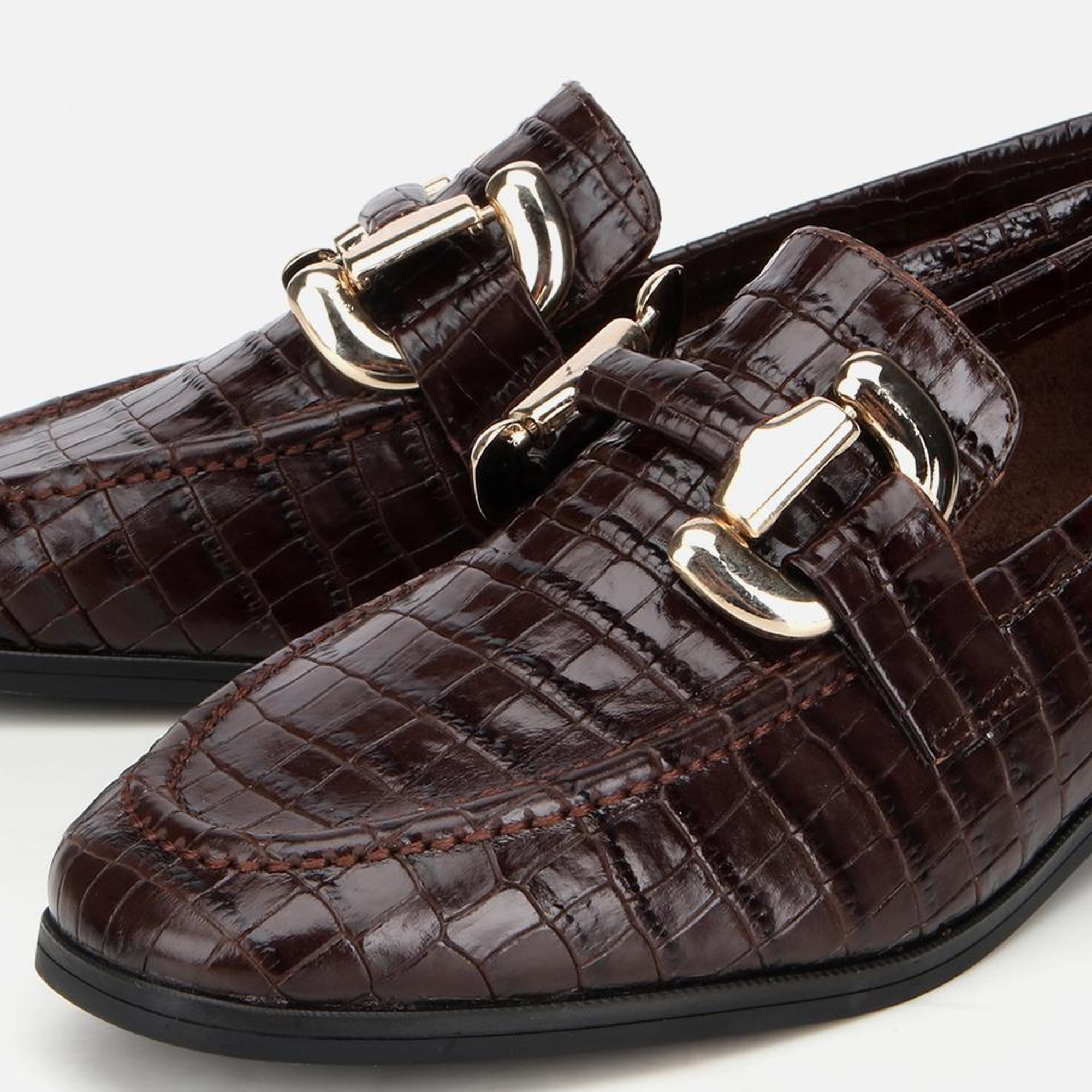 Kadın Deri Kahverengi Kroko Baskılı Klasik Loafer