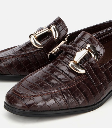  Kadın Deri Kahverengi Kroko Baskılı Klasik Loafer