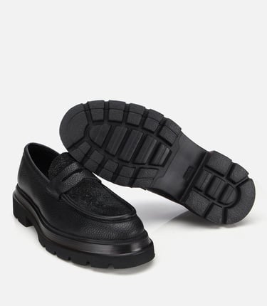  Erkek Deri Siyah Kırçıllı Yüksek Tabanlı Klasik Loafer