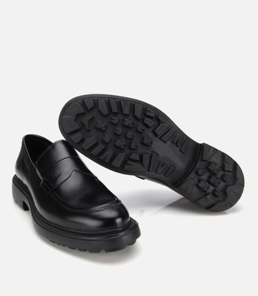  Erkek Açma Deri Siyah Kalın Tabanlı Klasik Loafer