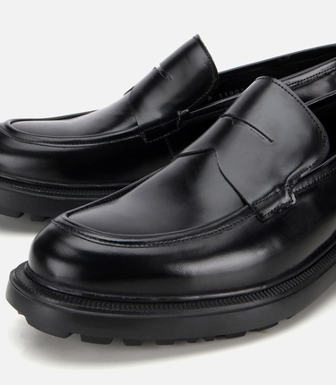  Erkek Açma Deri Siyah Kalın Tabanlı Klasik Loafer