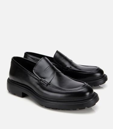  Erkek Açma Deri Siyah Kalın Tabanlı Klasik Loafer