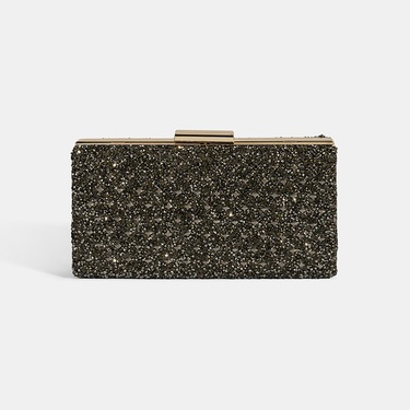  Kadın Antrasit Taşlı Gold Omuz Askılı Gece El Çantası