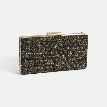  Kadın Antrasit Taşlı Gold Omuz Askılı Gece El Çantası