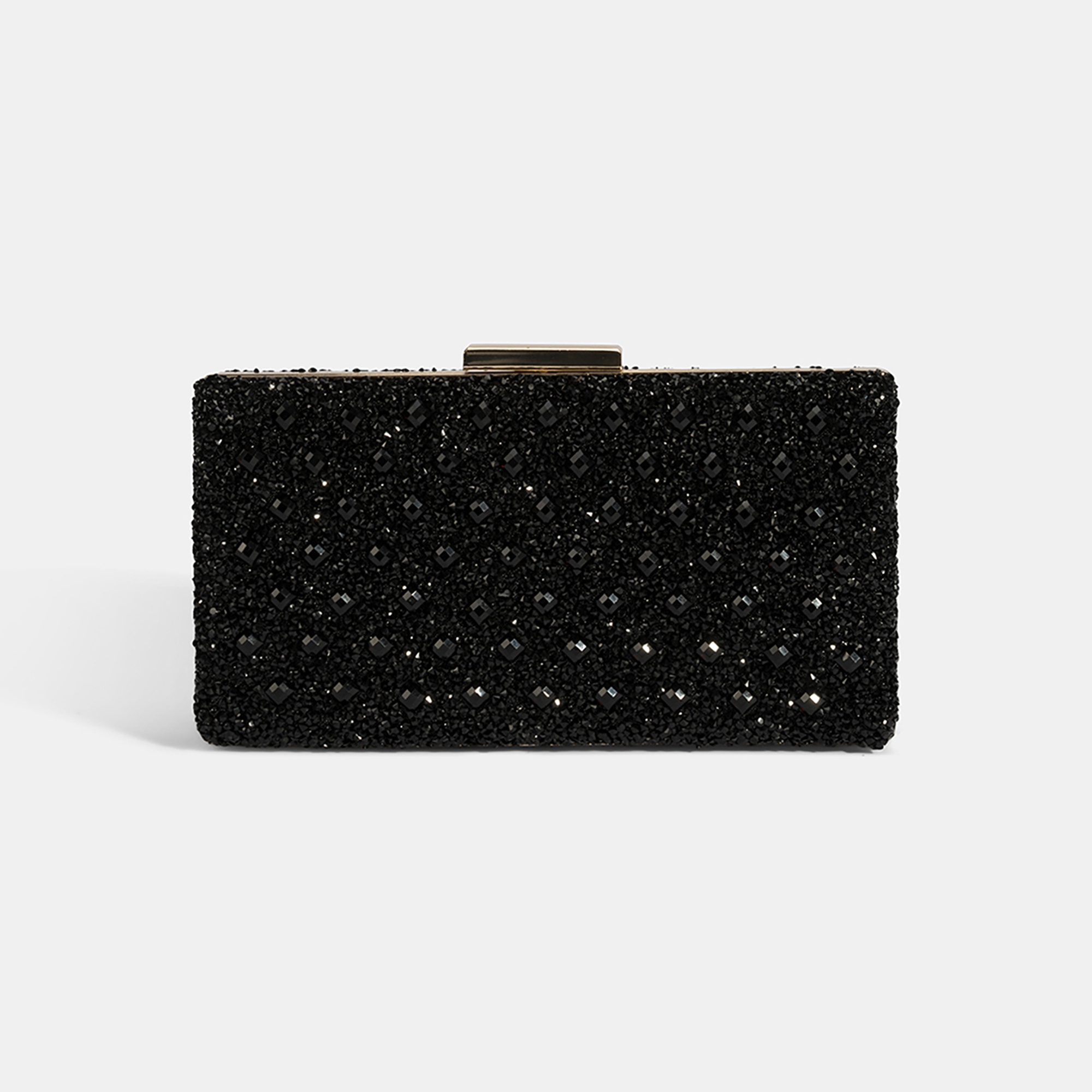 Kadın Siyah Taşlı Gold Askılı Gece El Çantası