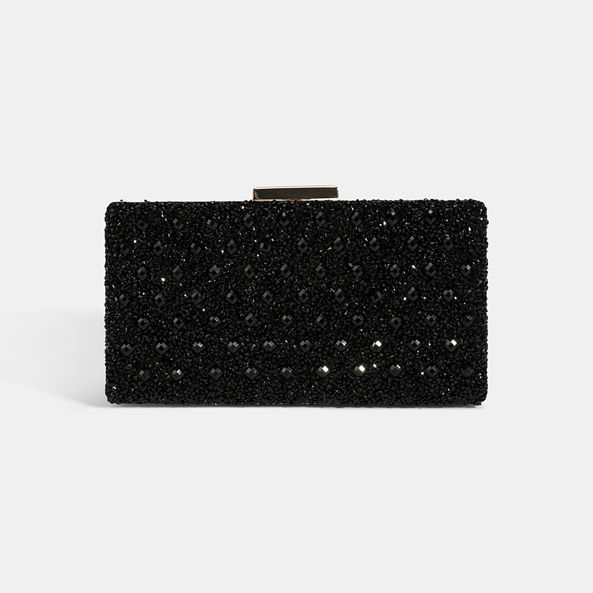 Kadın Siyah Taşlı Gold Askılı Gece El Çantası