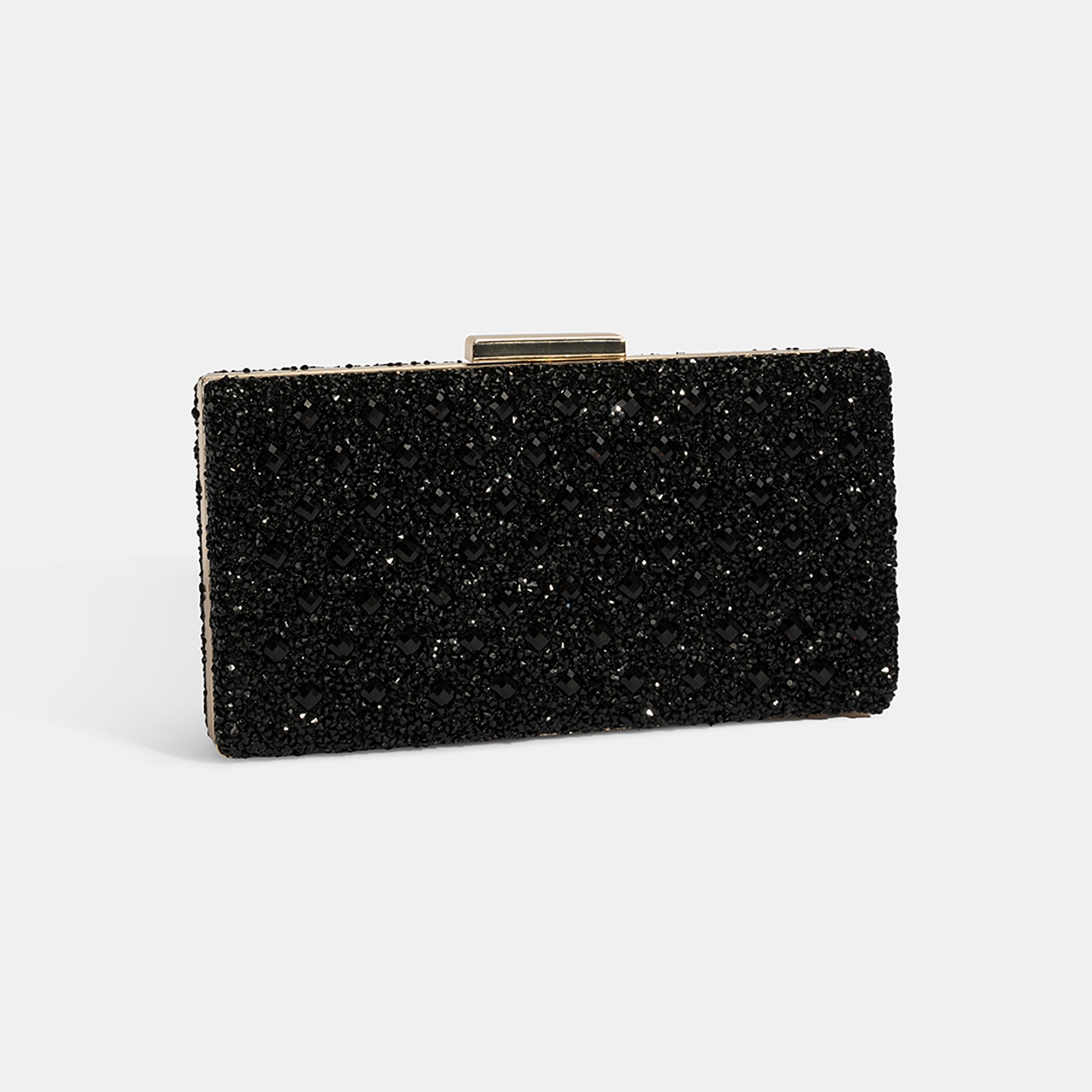 Kadın Siyah Taşlı Gold Askılı Gece El Çantası