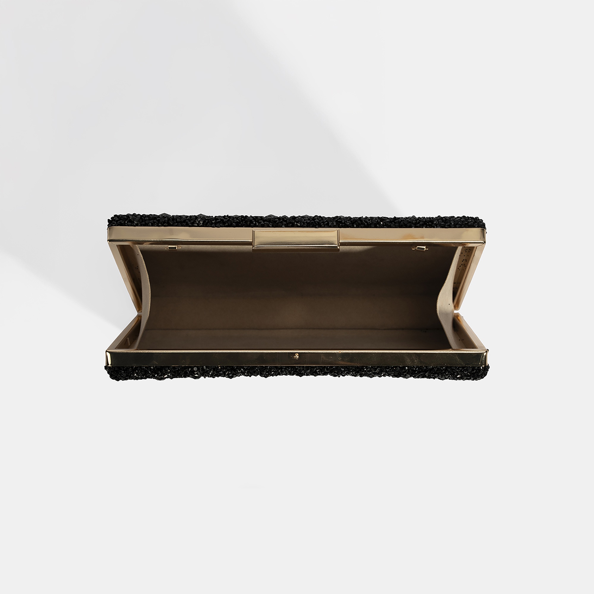 Kadın Siyah Taşlı Gold Askılı Gece El Çantası