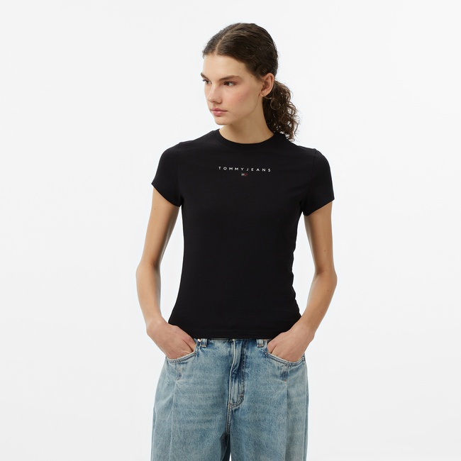  Tommy Jeans Slim Bling Linear Kadın Siyah T-Shirt