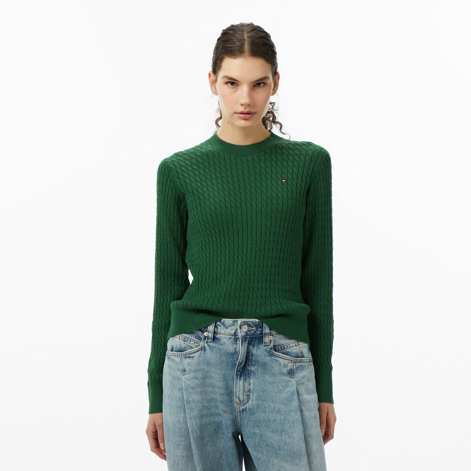 Tommy Hilfiger Cable Kadın Yeşil Kazak