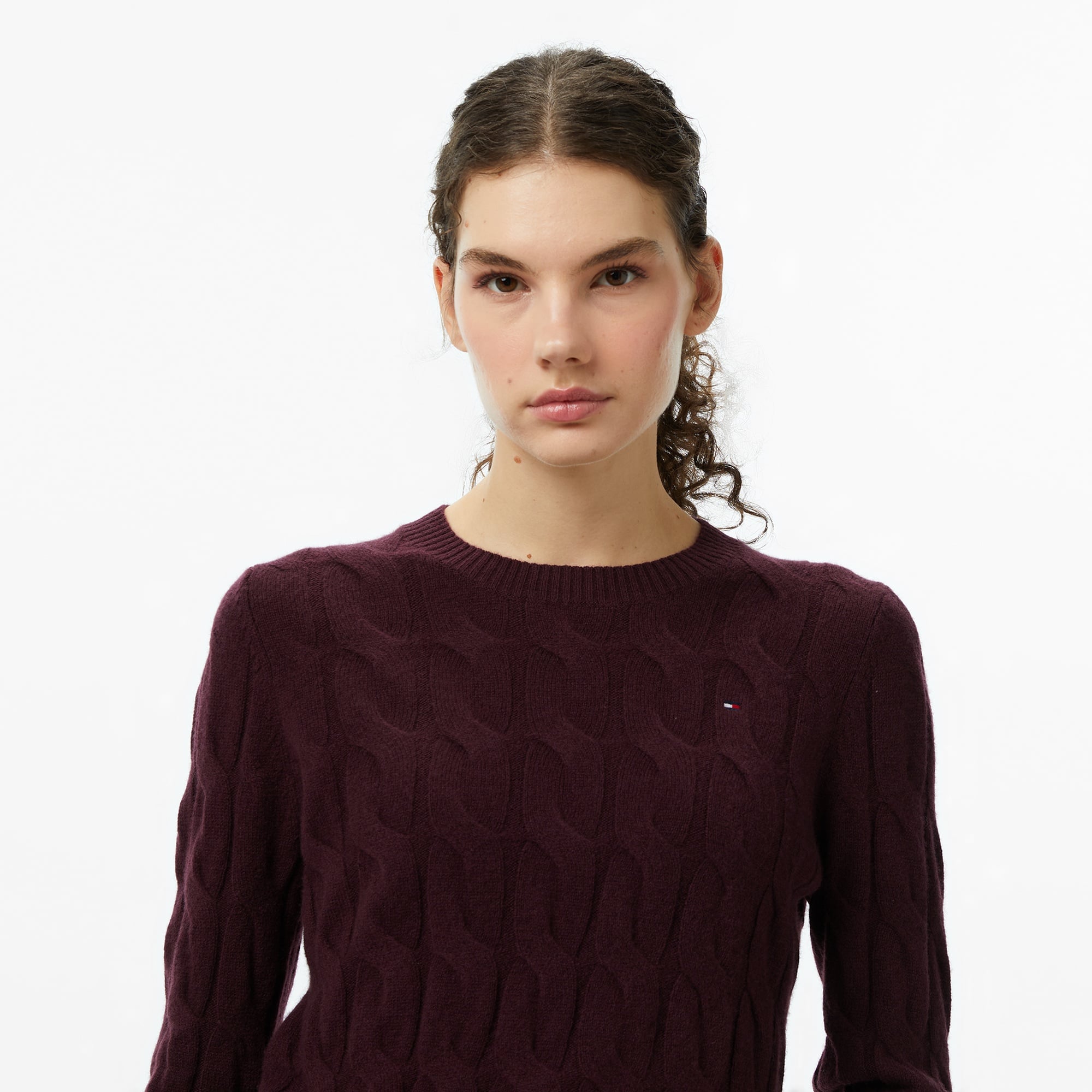 Tommy Hilfiger Soft Wool Cable Kadın Bordo Kazak