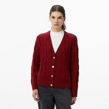  Tommy Hilfiger Mainline Soft Wool Cable Cardigan Kadın Kırmızı Hırka