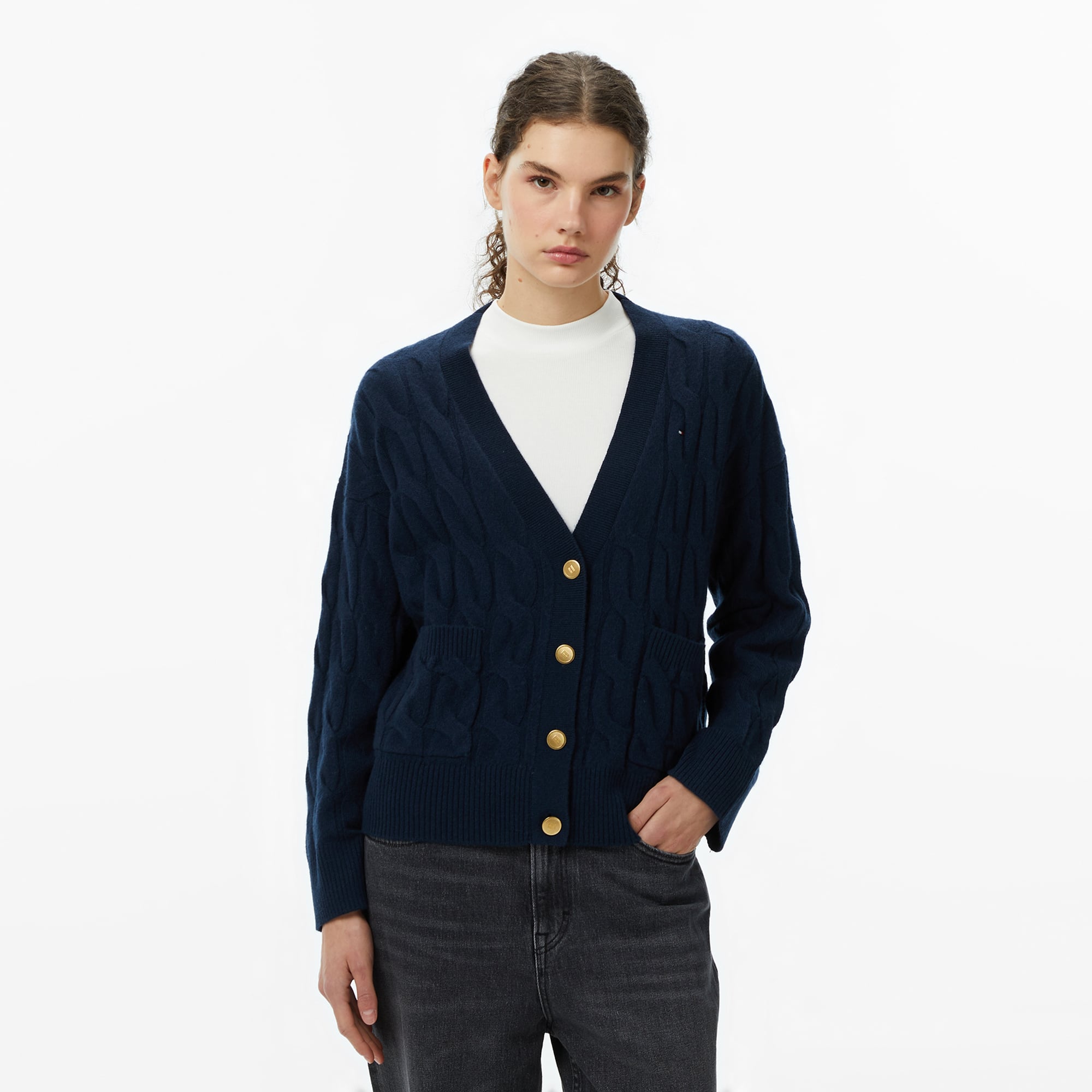  Tommy Hilfiger Mainline Soft Wool Cable Cardigan Kadın Lacivert Hırka