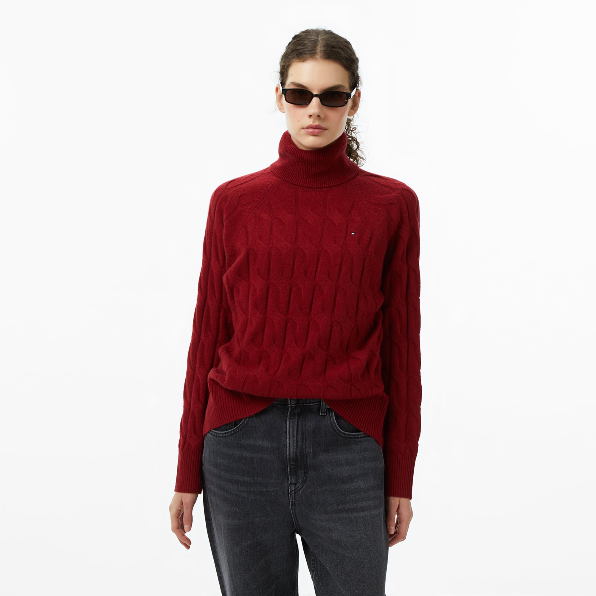  Tommy Hilfiger Soft Wool Cable Roll Kadın Kırmızı Kazak