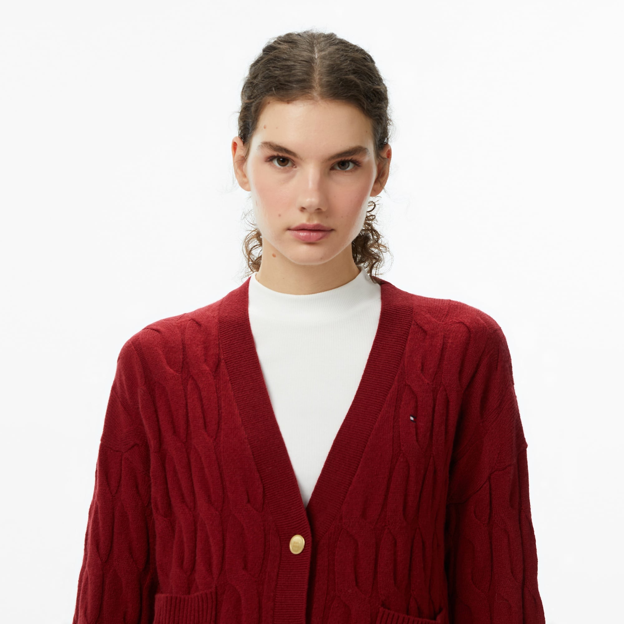 Tommy Hilfiger Mainline Soft Wool Cable Cardigan Kadın Kırmızı Hırka