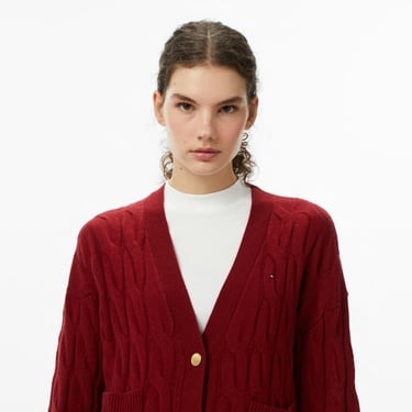  Tommy Hilfiger Mainline Soft Wool Cable Cardigan Kadın Kırmızı Hırka