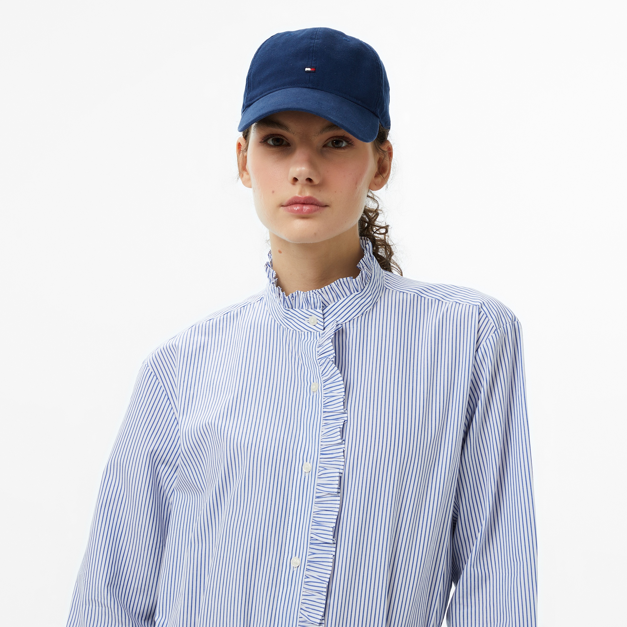 Tommy Hilfiger Poplin Ruffle Kadın Mavi Gömlek