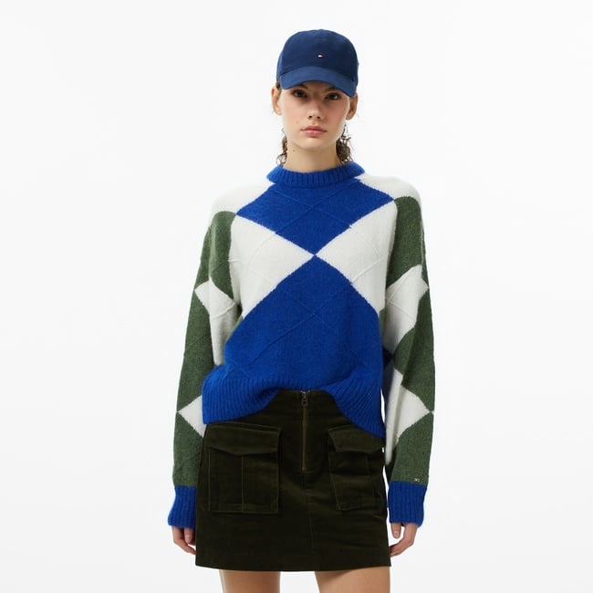  Tommy Hilfiger Alpaca Blend Argyle Kadın Mavi Kazak