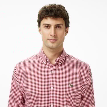  Erkek Regular Fit Düğmeli Yaka Kareli Kırmızı Gömlek