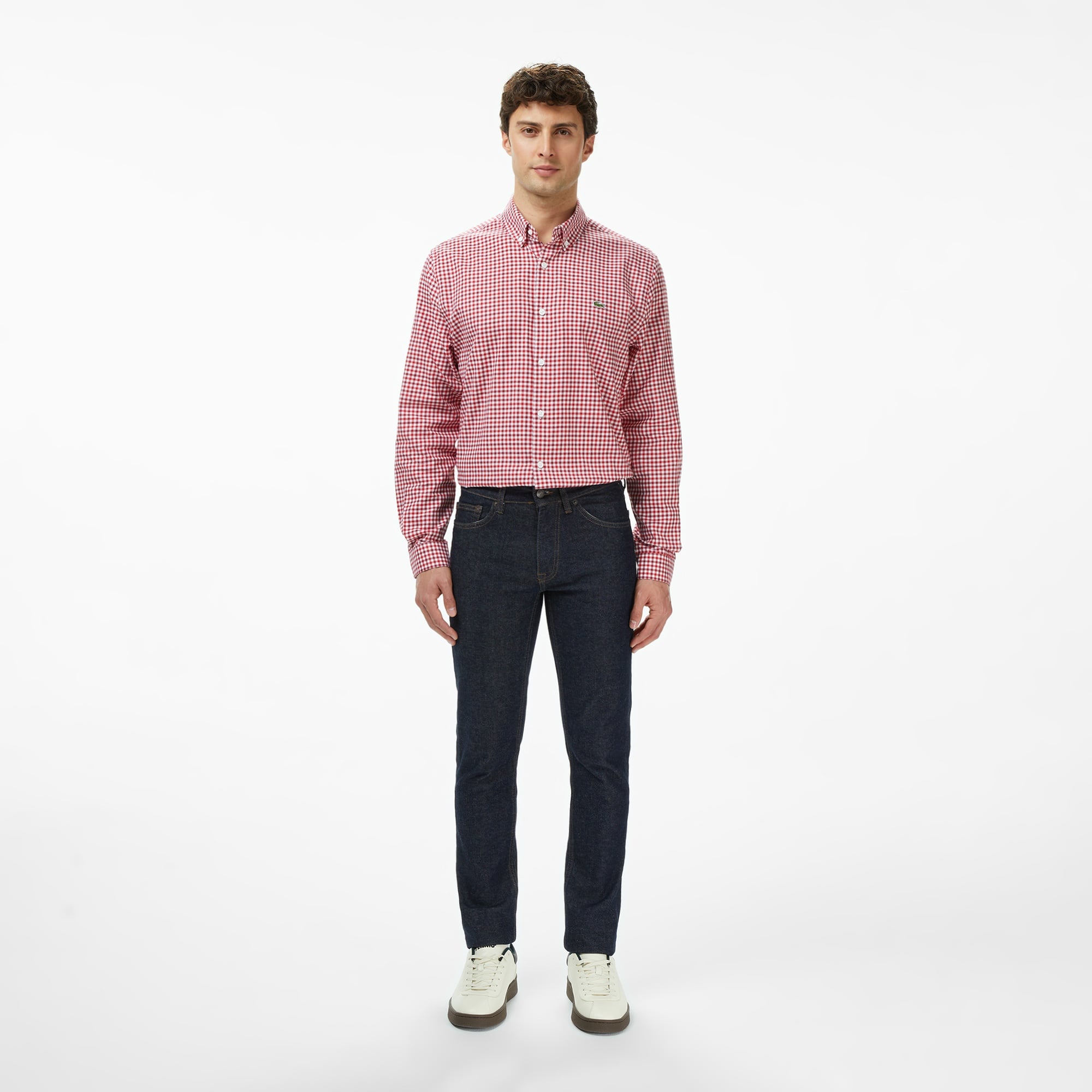 Erkek Regular Fit Düğmeli Yaka Kareli Kırmızı Gömlek