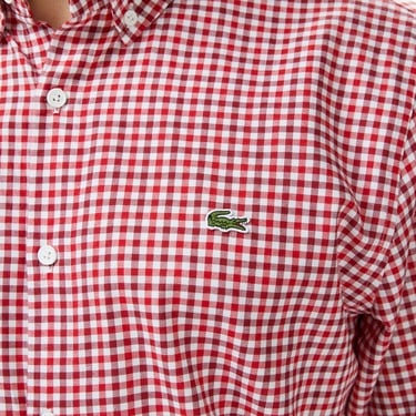  Erkek Regular Fit Düğmeli Yaka Kareli Kırmızı Gömlek