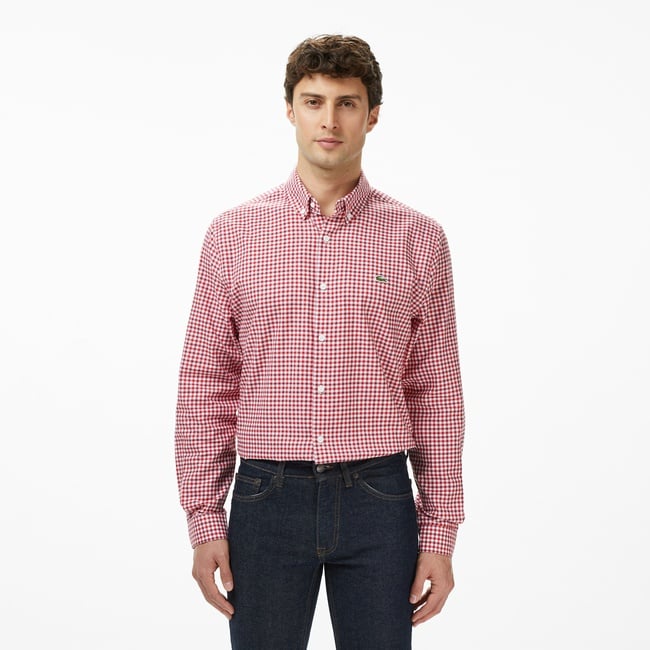  Erkek Regular Fit Düğmeli Yaka Kareli Kırmızı Gömlek