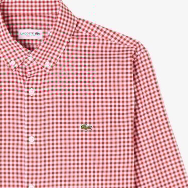  Erkek Regular Fit Düğmeli Yaka Kareli Kırmızı Gömlek