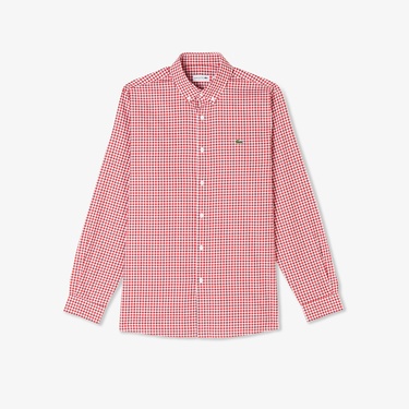  Erkek Regular Fit Düğmeli Yaka Kareli Kırmızı Gömlek