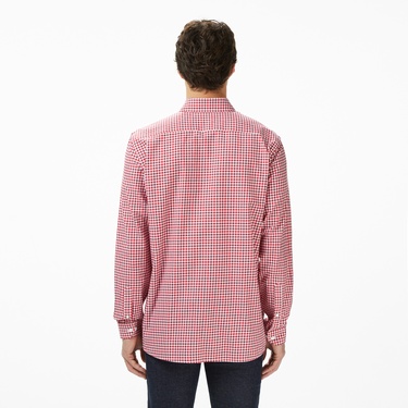  Erkek Regular Fit Düğmeli Yaka Kareli Kırmızı Gömlek