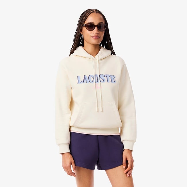  Lacoste Kadın Relaxed Fit Kapüşonlu Baskılı Krem Sweatshirt